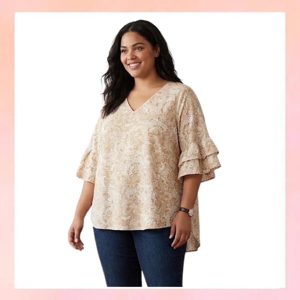 MICHAEL KORS Paisley Floral Flutter Sleeve Blouse Tan White Plus Size 2X